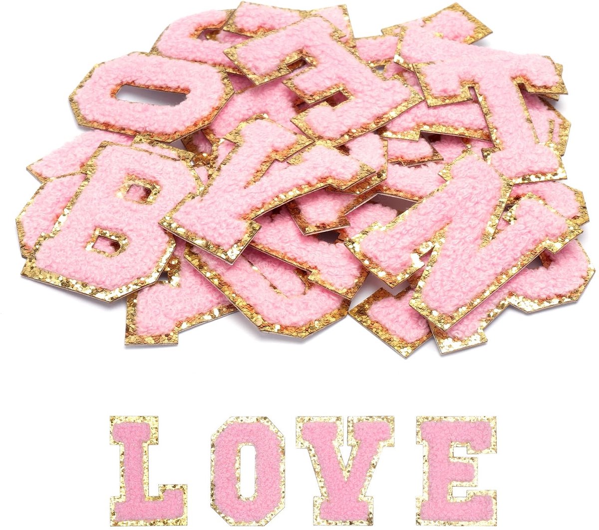 Dailygoods- Letterpatches 26 Stuks - Chenille - Zelfklevend - A-Z - DIY Letters - 6 x 5,6 cm - Roze Decoratie - Stofletters
