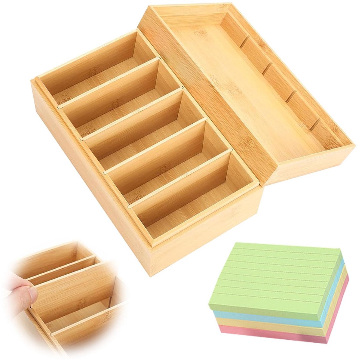 Dailygoods- Indexkaarten Houten Opbergdoos met Deksel - 400 Stuks Zelfklevende Notities - 4 Verwijderbare Scheiders - 22 x 12.7 x 9 cm - Elegant Design