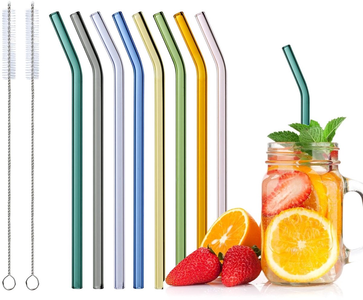 8 Gekleurde Herbruikbare Glazen Rietjes met 2 Borstels voor Cocktails en Smoothies
