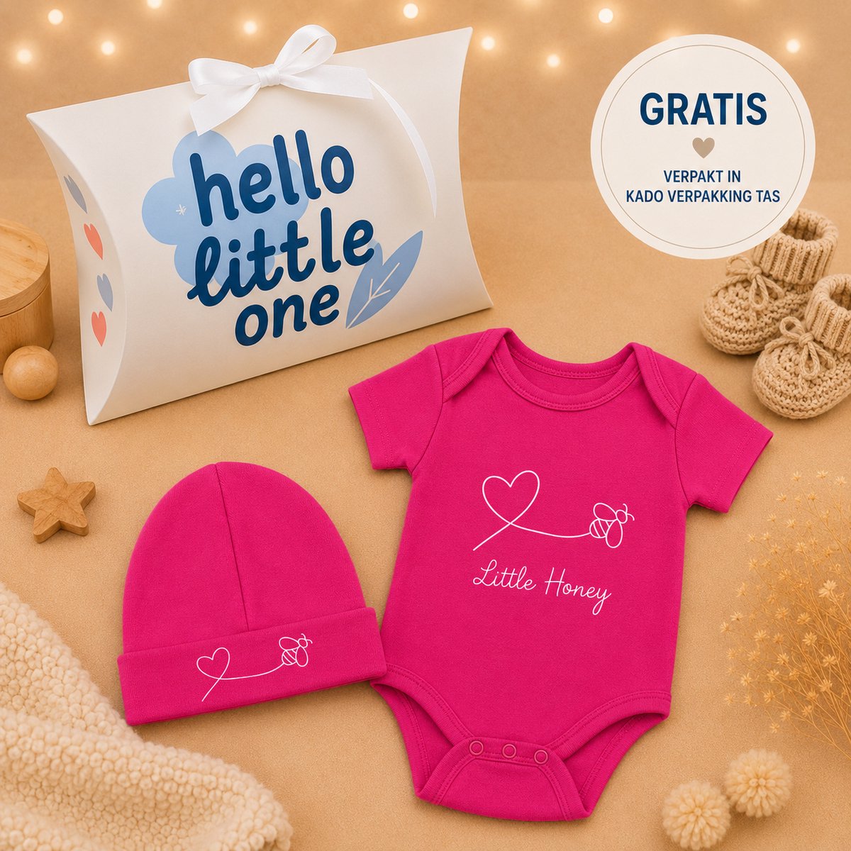 Blijeitje - Baby Cadeau Meisje – Luxe Kraamcadeau met Romper & Mutsje – Babyshower Geschenk Newborn – Hello Little One Honey Bee