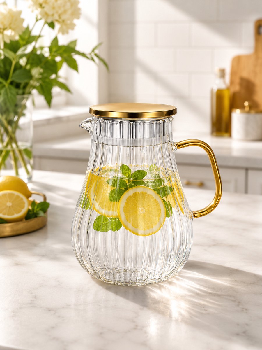 Mevaz Glazen Waterkan 1800 ml – Karaf met Deksel en Handvat – Sapkan voor Water, Sap & IJsthee – Transparant Geribbeld Glas – Luxe Design