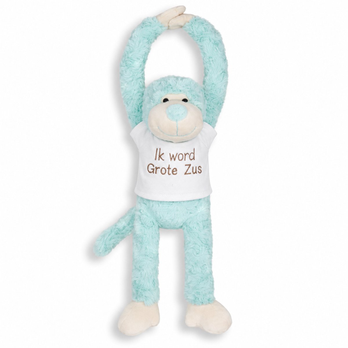 Knuffel Aap met Geborduurd Shirt “Ik word grote zus” – Zwangerschap Aankondiging – Cadeau Grote Zus – Knuffel met Tekst – Baby Aankondiging – slinger aap