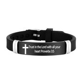 Christelijke Armband Unisex - Met Kruis & Bijbeltekst (Prov 3:5) - Zwart Siliconen & RVS - Verstelbaar & Waterbestendig - Betekenisvol Christelijk Cadeau