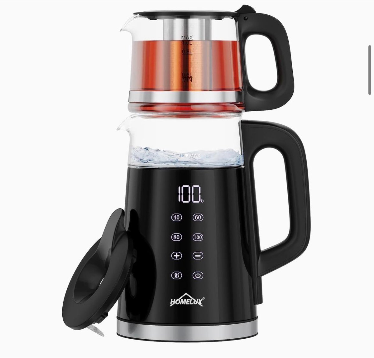 2-in-1 glazen waterkoker/theepot, roestvrij staal, 2200W, 1,7 liter inhoud met 4 temperatuurinstellingen, warmhoudfunctie en theetrechter, waterkoker.Digitaal LED , Touchbediening Turkse thee,