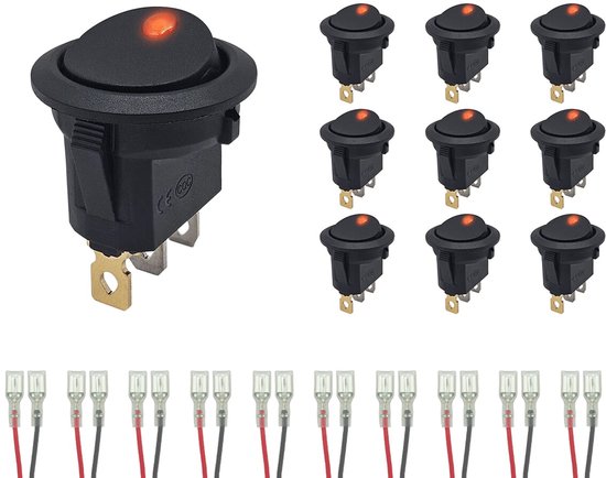 Tien zwarte ProRide wipschakelaars met rode LED-indicator, elk met aansluitkabels.