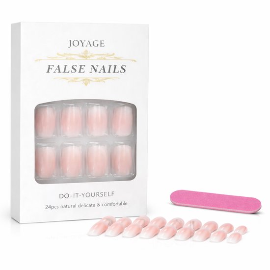Doos met 24 JOYAGE zelfklevende kunstnagels in babyboom stijl, met een roze basis en witte uiteinden. Bevat ook een roze nagelvijl.