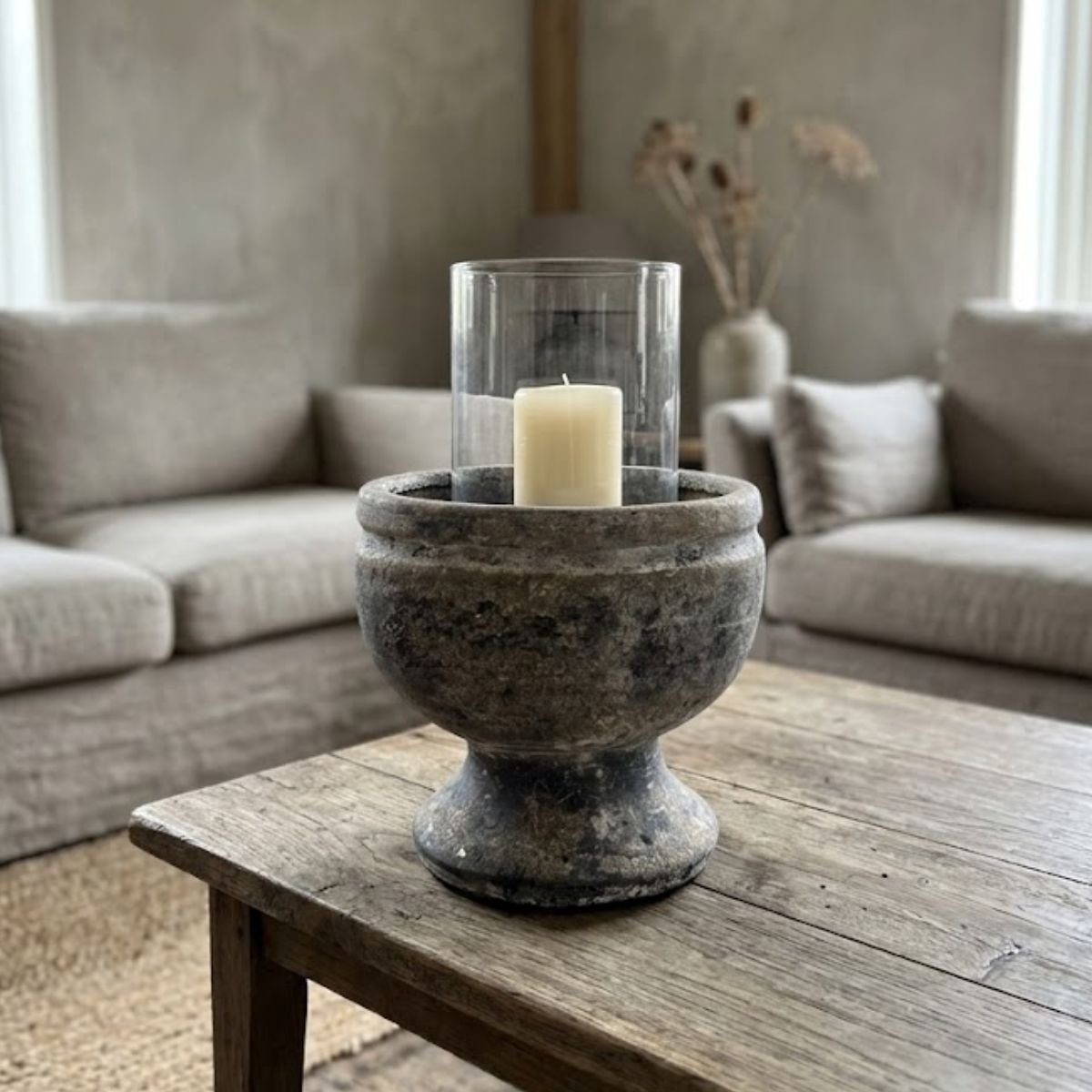Sierpot op Voet Rustiek Grijs/Bruin – ∅20 x H19.5 cm - Landelijke pot voor windlicht - Stenen pot voor hangplanten - Decoratieve schaal op voet