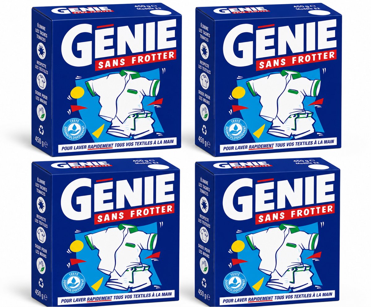 GENIE Sans Frotter Waspoeder 450 g - Set van 4 Pakken (1.8 kg Totaal) - Vlekverwijderaar Handwas Poeder voor Witte en Bonte Was - Werkt in Koud Water - Voordeelpak