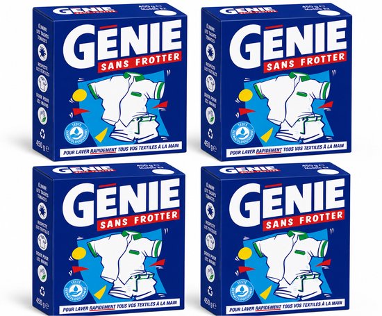 Vier blauwe pakken 'GENIE SANS FROTTER' met een witte polo met groene kraag.