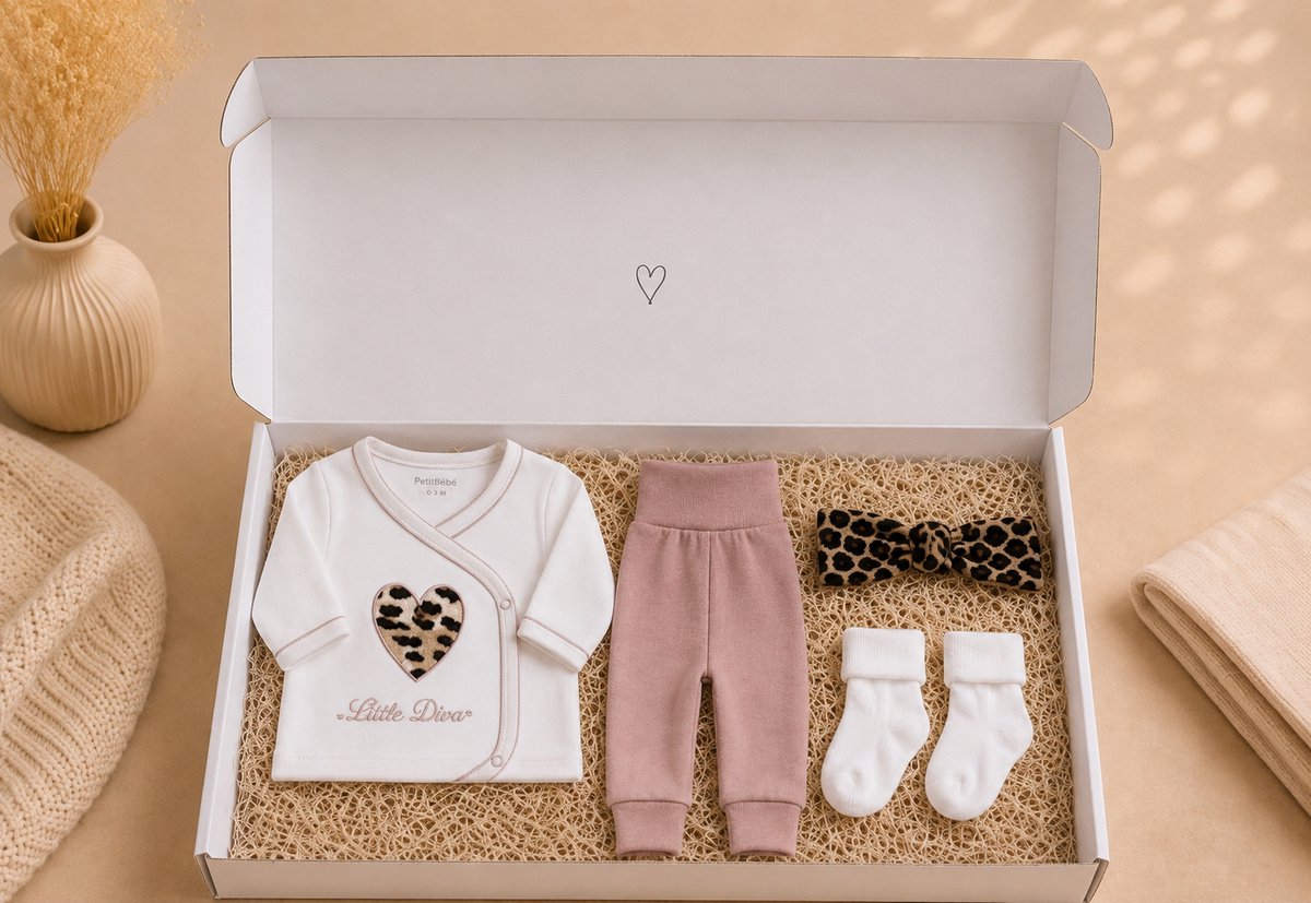 Blijeitje - Luxe 4-delige kraampakket meisje - Kraamcadeau meisje - Babycadeauset meisje met stylvolle babyhoofdband, Shirtje, Broekje & Sokjes - Little Diva Design