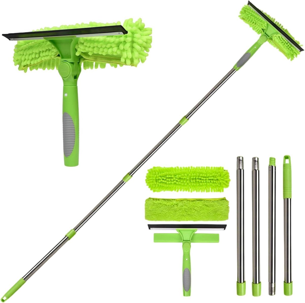 Raamreinigingsset - Wisser en borstel - Streeploos schoonmaken - Verstelbare telescoopstang - Tot 180 cm - Groen