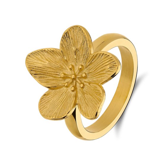 Gouden ring met een gedetailleerd bloemdetail op de band.