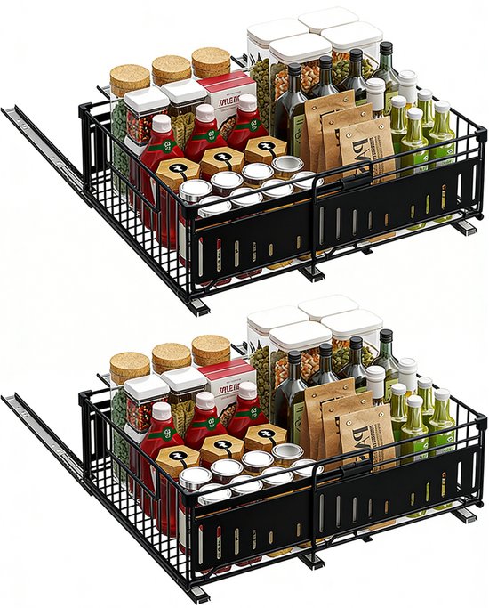 Deux tiroirs de cuisine noirs extensibles identiques remplis d'aliments.