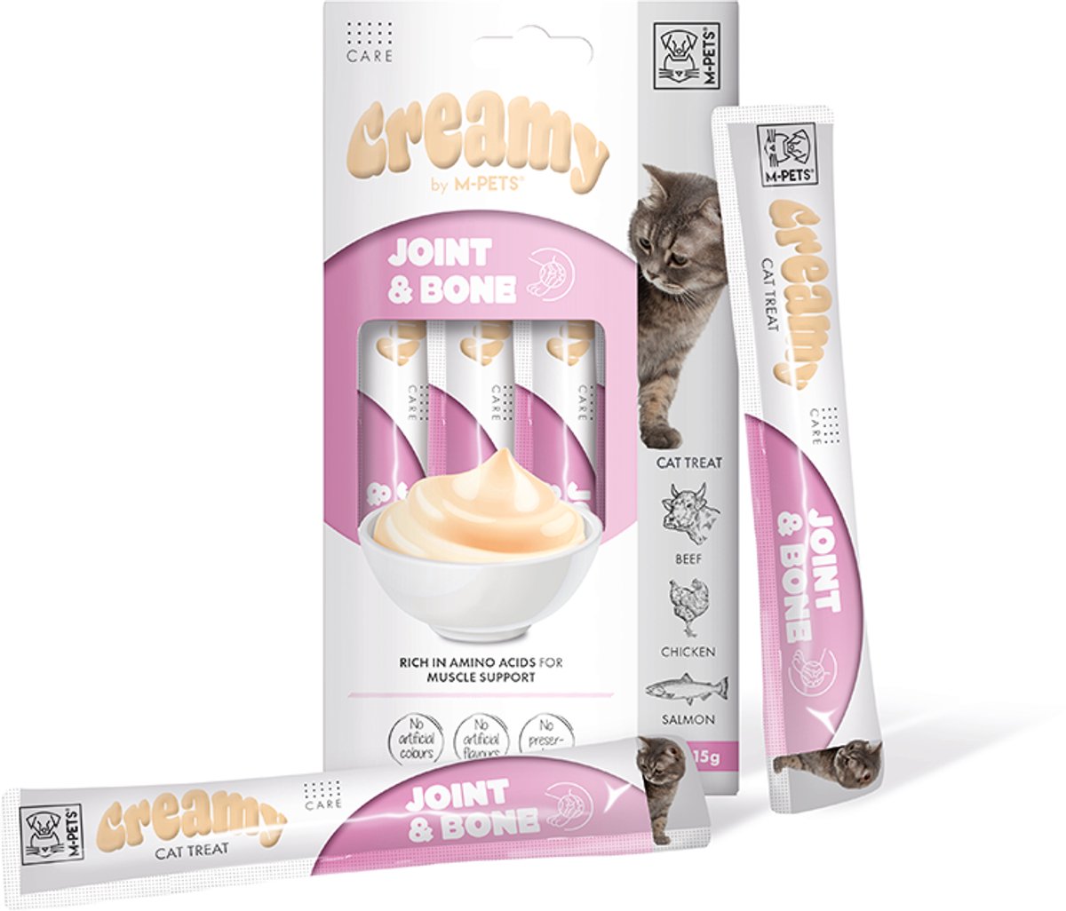 M-PETS Creamy kat functionele snack gewrichten en botten - rund & kip & zalm 60g - per 12