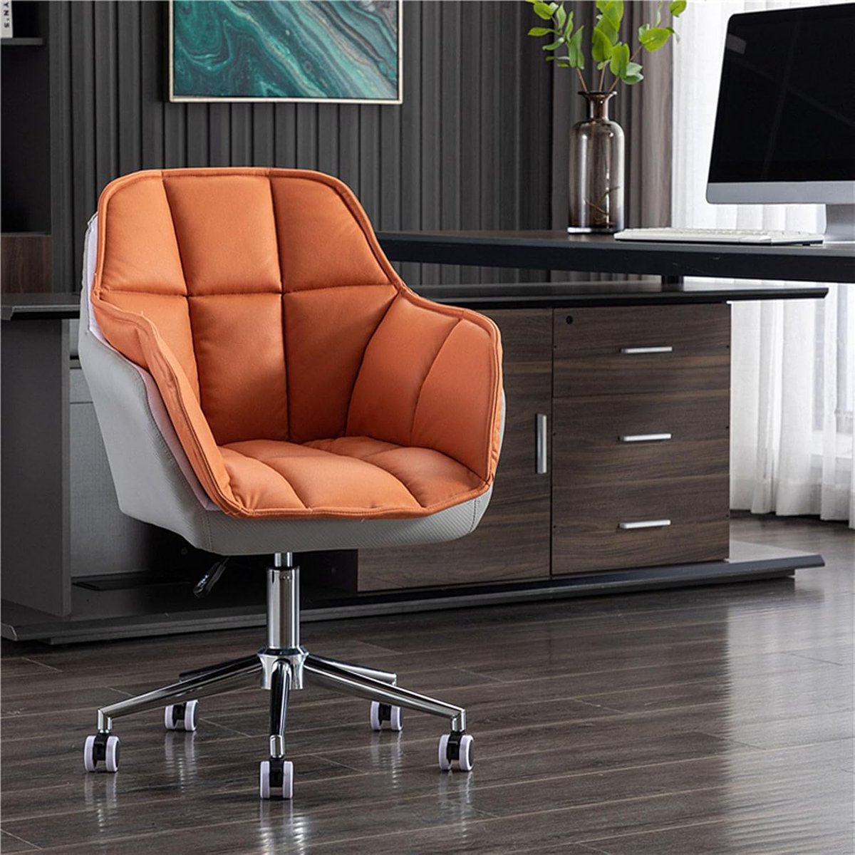 Bureaustoel Ergonomisch met Armleuningen – Verstelbare Computerstoel met Middenhoge Rugleuning, 360° Draaibaar, Wielen, Technologische Stoffen Bekleding, Draagkracht 150 kg, Zithoogte 35,4–39,4 – Mobili Bella