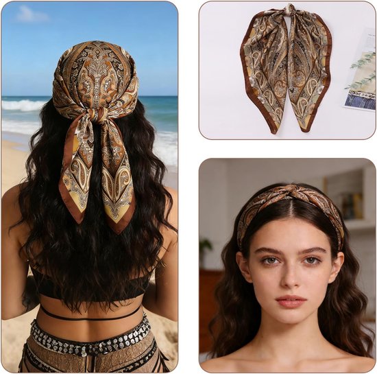 Dames met lang haar met hoofddoek met paisleyprint op het strand en als hoofdband. Ook losse hoofddoek.