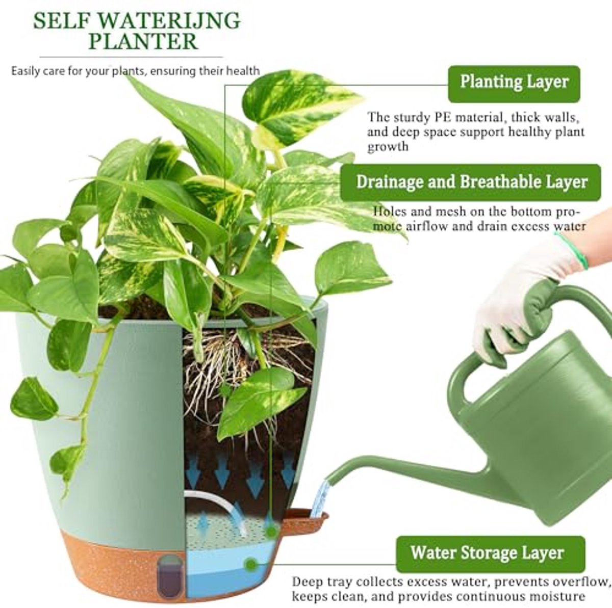 Set van 3 Zelfwaterende Bloempotten 20 x 17 cm – Voor Binnen en Buiten – Met Waterniveauvenster – Lichtgewicht, UV-, Vorst- en Breukbestendig – Groen — cadeau in Wonen & Interieur - foto 6