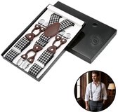 Sorprese - Luxe Chique Bretels - Pied-de-Poule Zwart/Wit - Donkerbruin Leer - 6 Stevige Clips - Bretels Heren Volwassenen - Inclusief Cadeaudoos