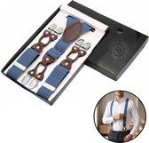 Sorprese - Luxe Chique Bretels - Jeans Blauw - Donkerbruin Leer - 6 Stevige Clips - Bretels Heren Volwassenen - Inclusief Cadeaudoos