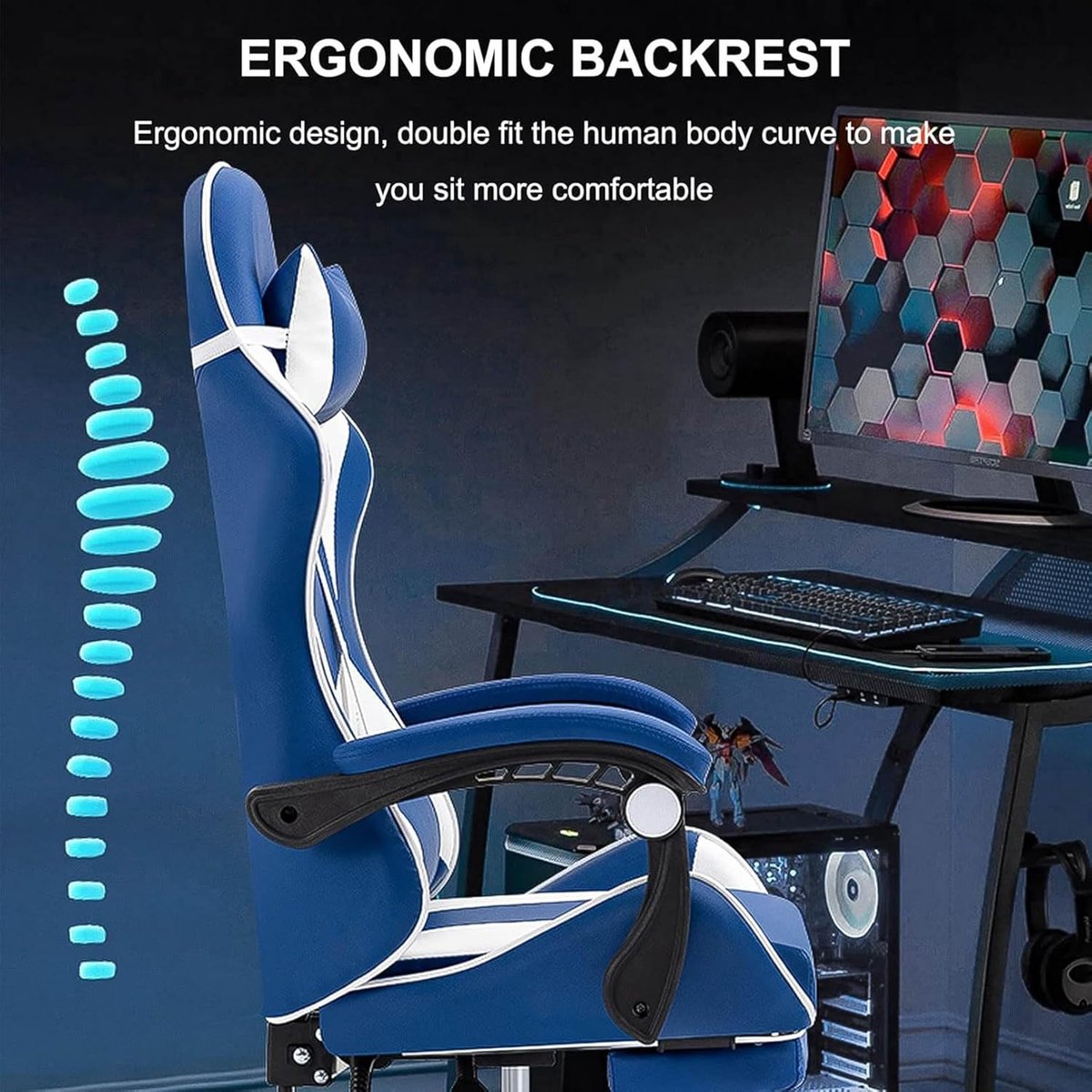 Gaming Stoel Ergonomisch met Voetsteun en Verstelbare Rugleuning tot 150 kg - Bureaustoel met Hoofdsteun en Lendenkussen - PU Lederen Computerstoel - 360° Draaibaar - Zwart - Mobili Bella