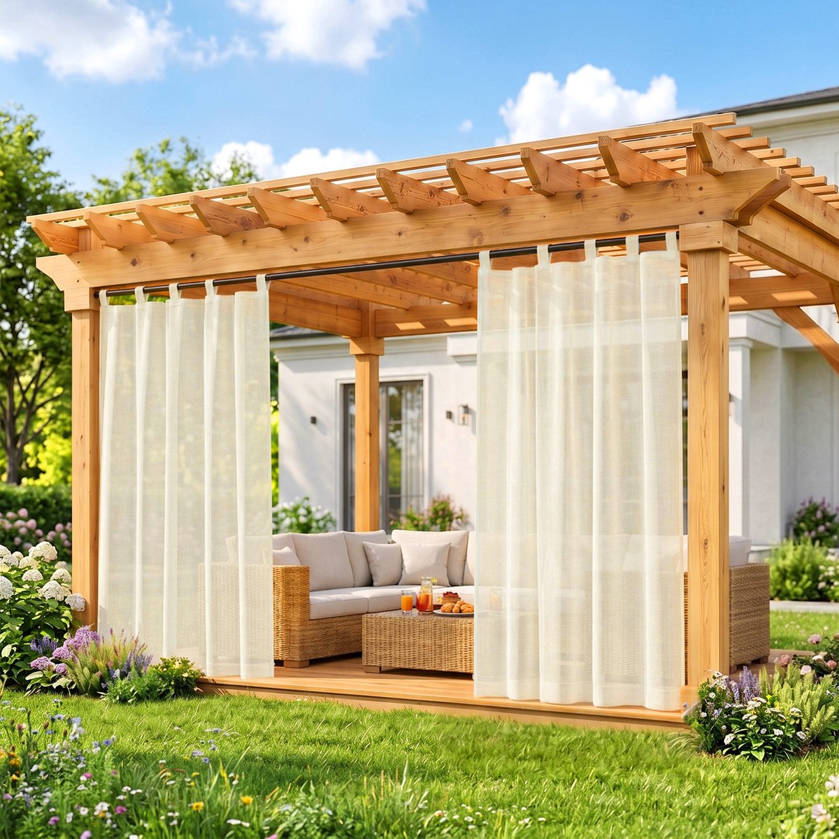 MUPOO Boho Waterdicht Buitengordijnen met Klittenband - velcro Outdoor voile Gordijnen - Vitrages voor Overkapping,Veranda & Balkon -zonder boren- Lichtdoorlatend & Privacy - Luchtig - 132x244cm - Beige - 1 stuck