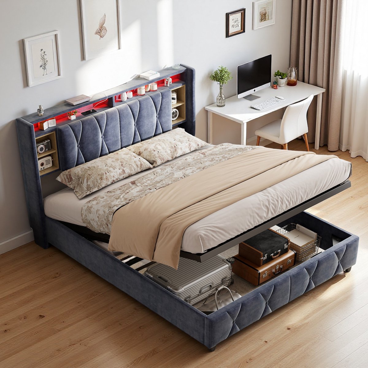 ROSAHQNDA Gestoffeerd bed met led-verlichting en usb-poort, 140x200cm, opbergbaar hoofdbord, hydraulische stang, fluweel, grijs, exclusief matras