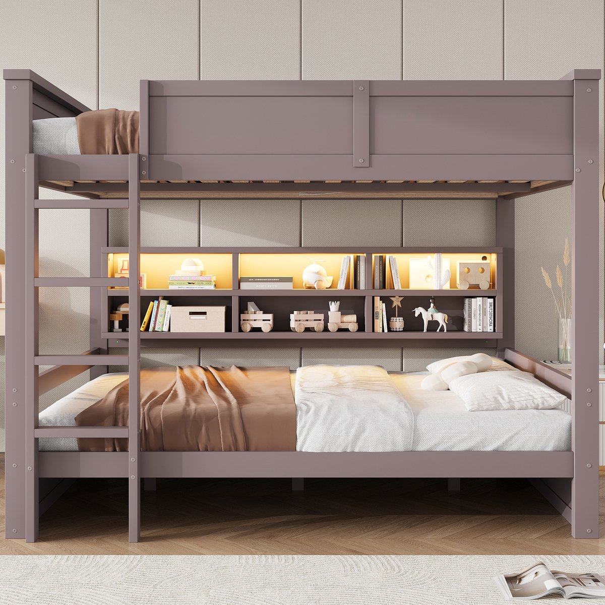 Merax 160x200cm stapelbed met opbergkast en LED-verlichting - bruin - zonder matras
