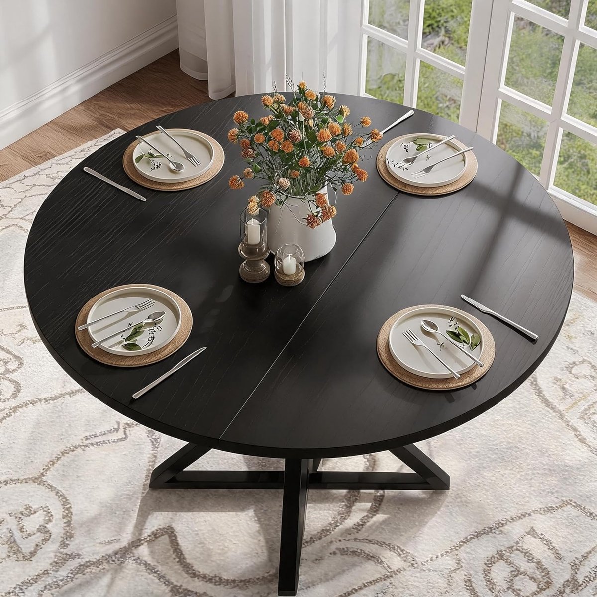 Ronde Landelijke Eettafel 120 cm – 4 tot 6 Personen – Robuuste Keukentafel met Centrale Sokkelpoot en K-Kruis Onderstel – Houten MDF Tafelpaneel – 120x120x76 cm – Zwart/Natuurhout – Mobili Bella