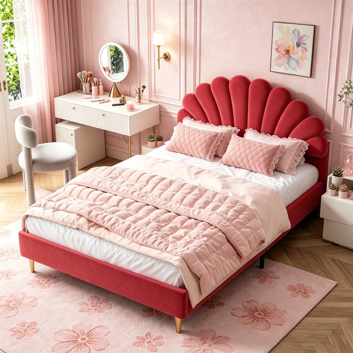 Gestoffeerd Kinderbed 140 x 200 cm, Een-/Tweepersoonsbed voor Meisjes, Bordeaux Fluweel Bedframe met Bloemvormig Hoofdeinde en Lattenbodem (Zonder Matras)
