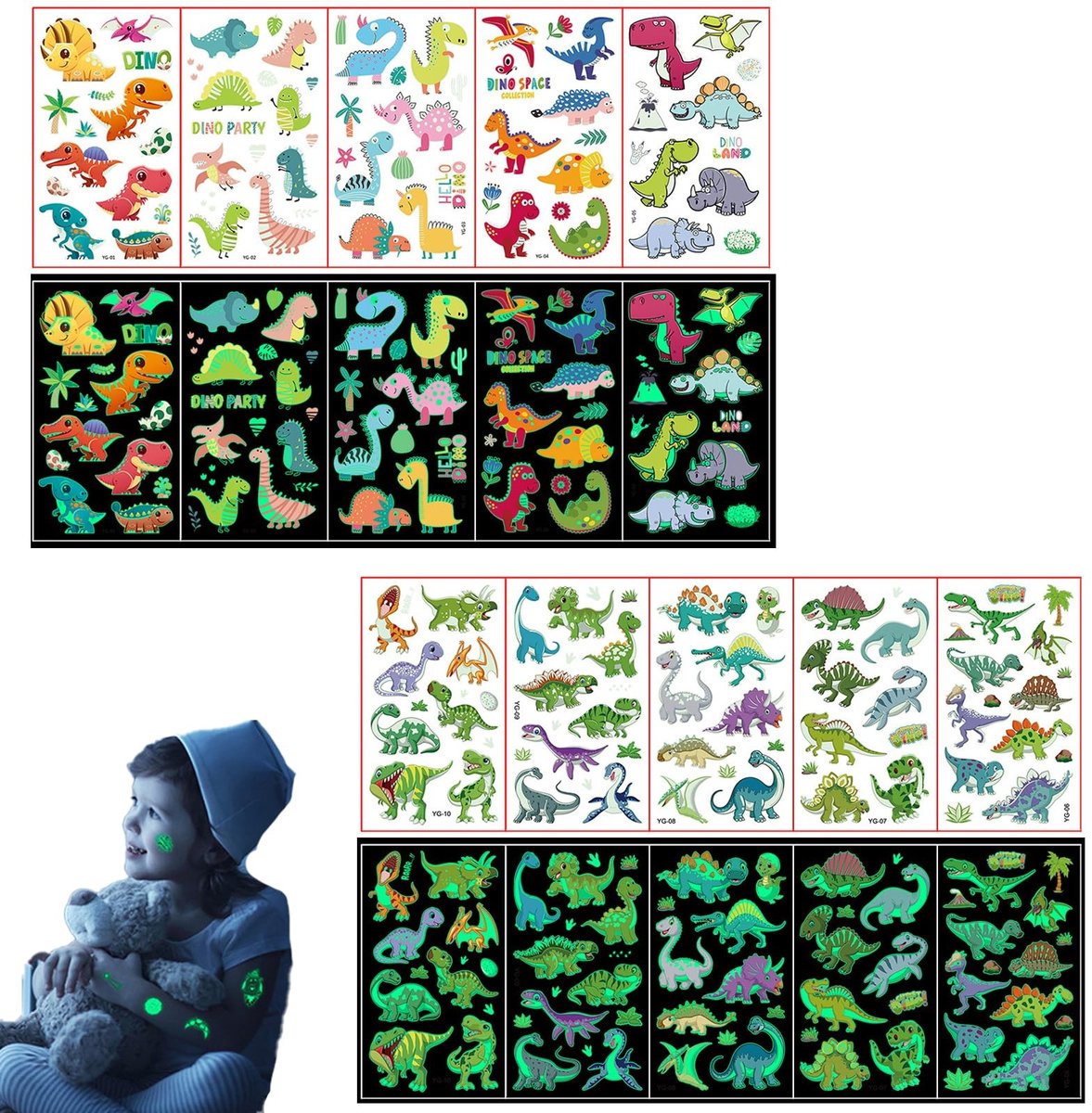 Dailygoods- Kindertatoeages - 10 Vellen - Dinosaurus Thema - Tijdelijke Tatoeages - Oplichtend in het Donker - Waterdicht - Huidvriendelijk