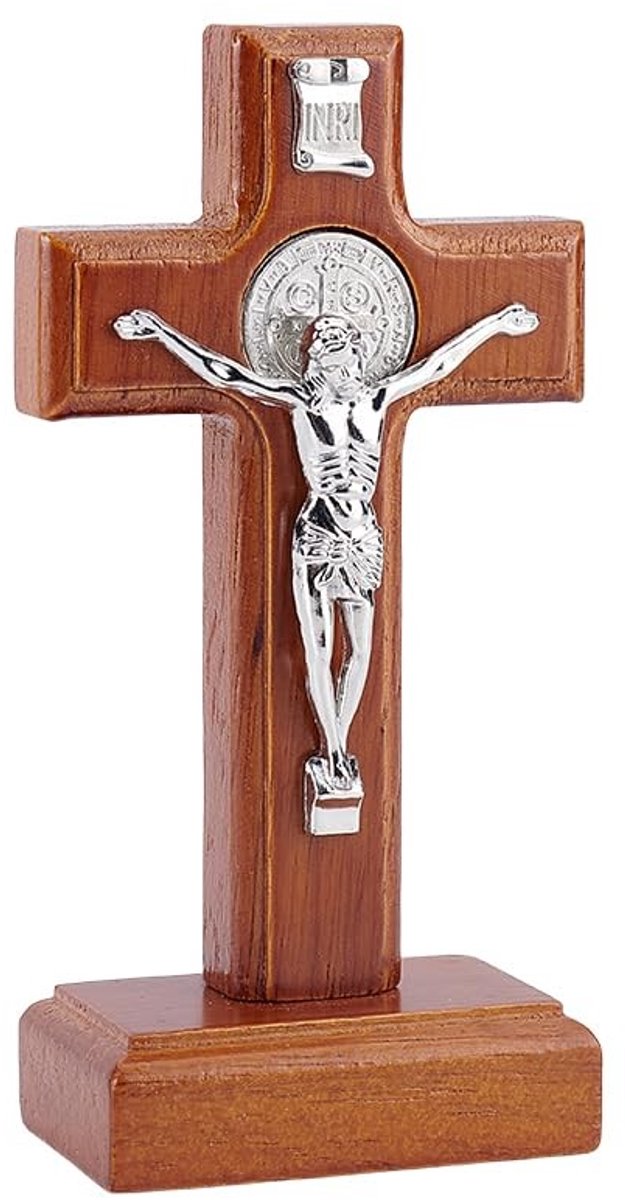 Dailygoods- Houten Kruis Ornament 5,3 x 3,5 cm - Staand Kruisje - Katholieke Kruisjes - Decoratie - Handwerk - Chocoladebruin Hout - Crucifix