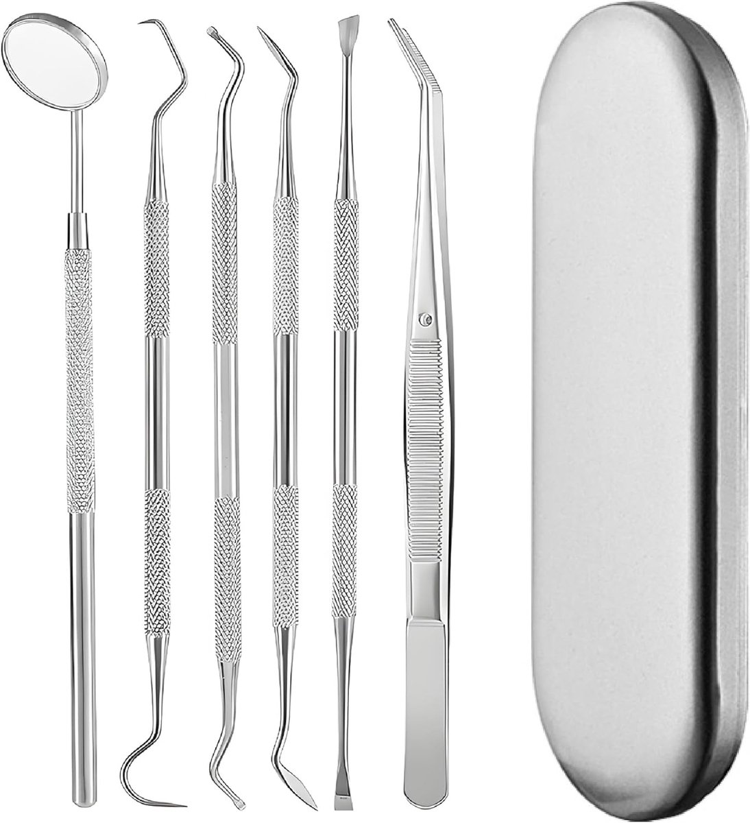 Deze roestvrijstalen gebitsreinigingsset bevat zes instrumenten voor het verwijderen van tandplak, tandsteen en calculus. De set wordt geleverd met een metalen etui, een pincet, een tandspiegel.