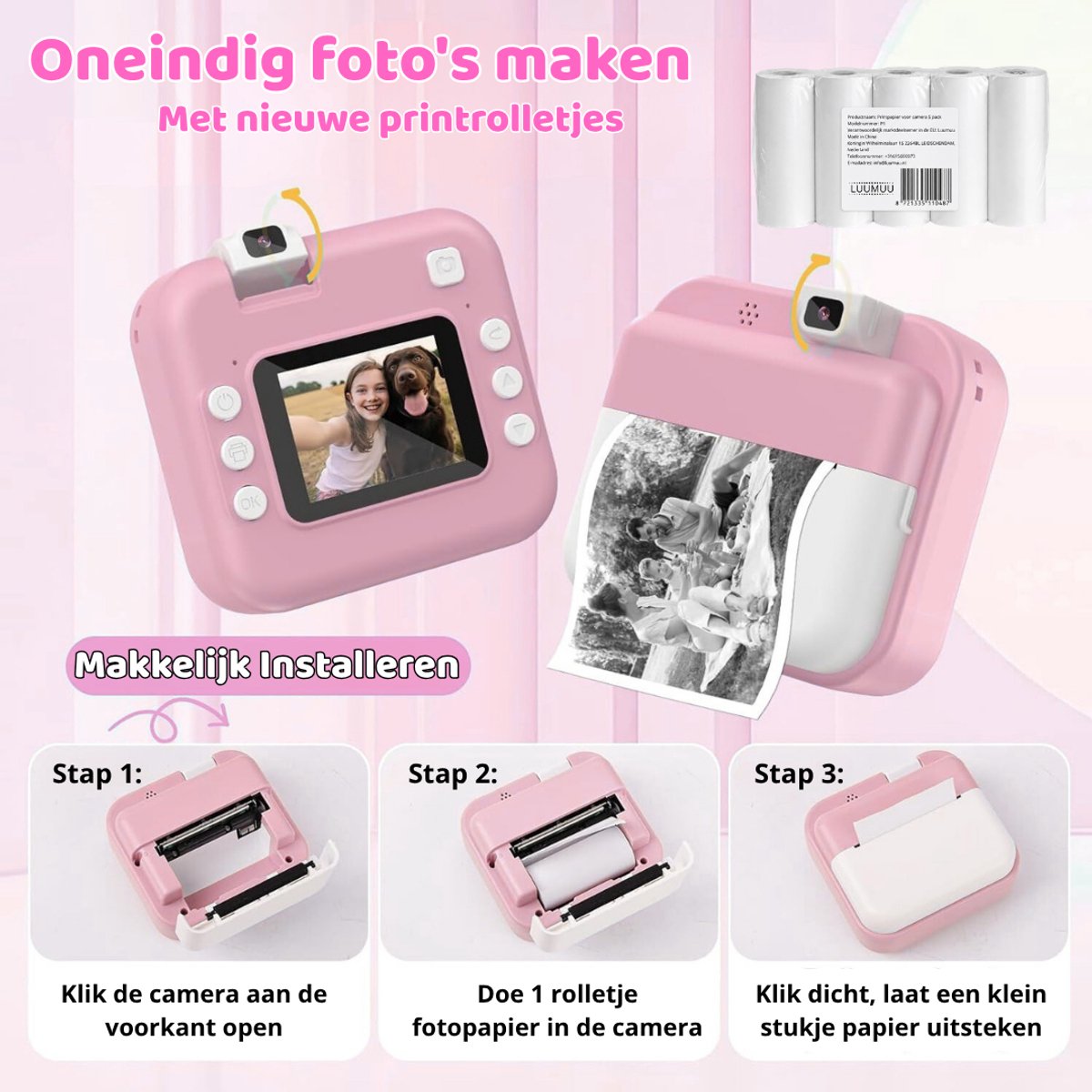 Luumuu® Thermische Printrollen Set Van 5 - Navulling Voor Digitale Kindercamera Met Foto Printer - Papierrollen - Printpapier - Goed voor 350 Foto's - Wit - BPA-Vrij - Incl. Stickervel — afbeelding 6