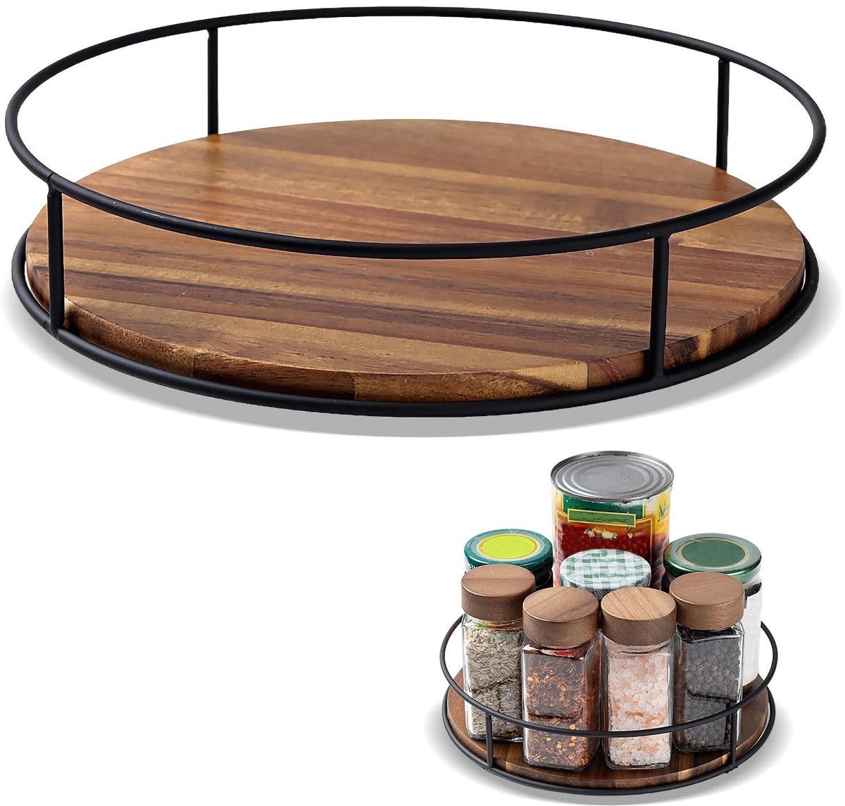 Dailygoods- Draaiplateau 30 cm - Draaibaar - Keukenorganizer - Kastorganizer - Bruin/Zwart - Acacia/IJzer - Kruidenrek