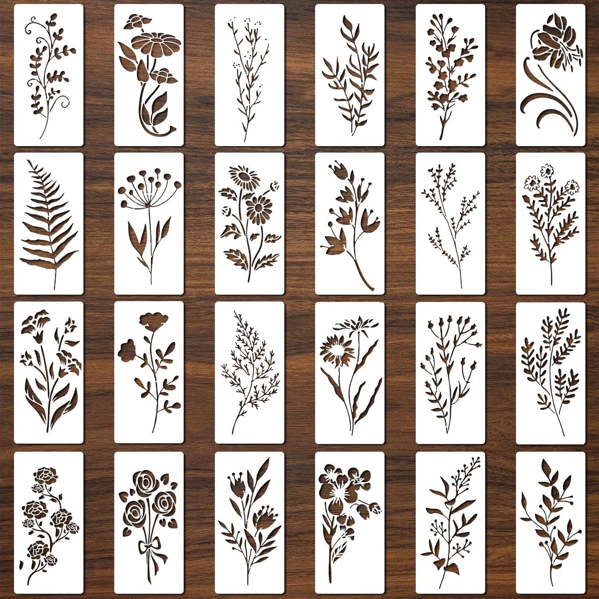 Dailygoods- Bloemen Sjablonen 24 Stuks - Herbruikbare Stencils - PET Materiaal - 15x7,5 cm - Wanddecoratie - Schilderen