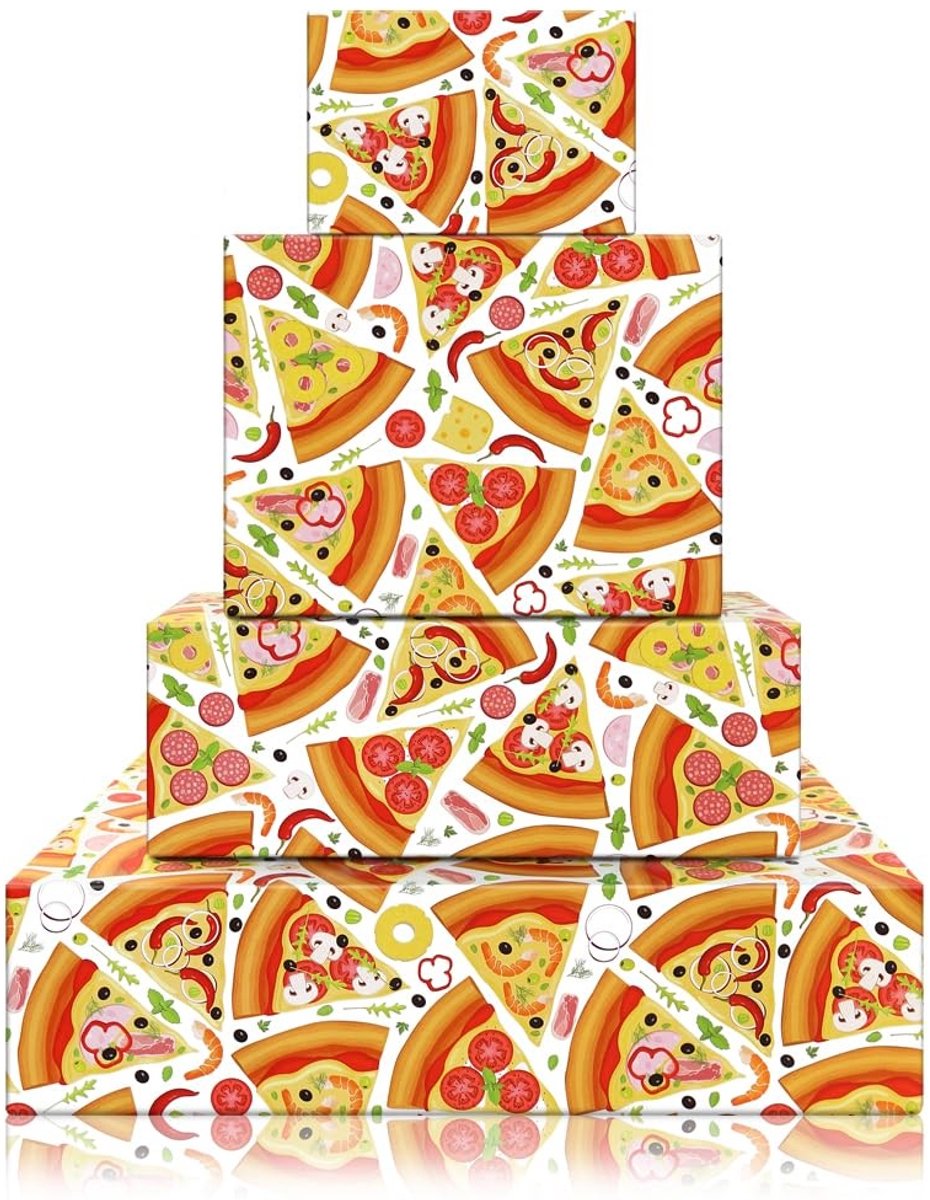 Dailygoods- Cadeaupapier Pizza - 4 Vellen - Humoristisch - Inpakpapier Kinderen - Verjaardag - Multicolor - 80 GSM Dikte