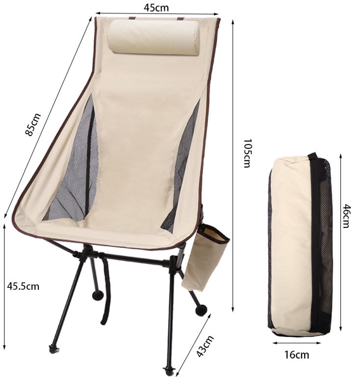 Jently kampeerstoel - vouwstoel - campingstoel - camping zetel - opvouwbaar en draagbaar - vissersstoel met hoofdsteun - beige