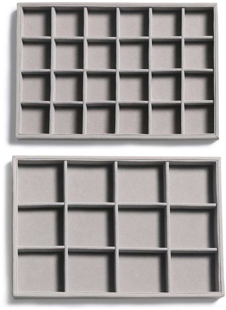 Dailygoods- Sieradenorganizer Set van 2 - Velvet - 12/24 Compartimenten - Stapelbaar - Sieradendoos - Hoge Kwaliteit Materiaal