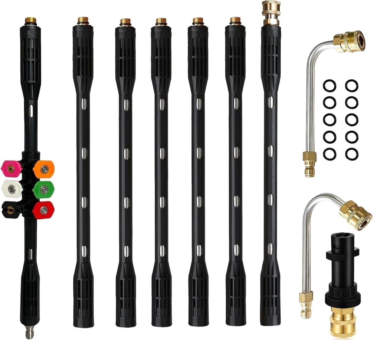 Dailygoods- Verlengstaf met 6 Spuitmondpunten - Verlengsnoer voor Hogedrukreiniger - Gebogen Stang - 1/4 Inch Snelkoppeling - Anti-Gelekte Ring - Inclusief Karcher-Adapter - Hogedrukreinigeraccessoire