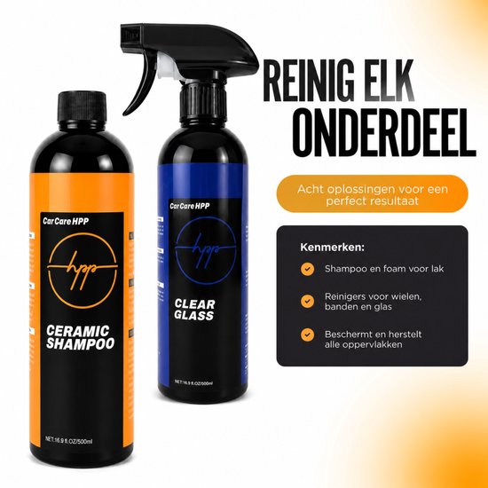 Twee Car Care HPP flessen: een oranje met 'CERAMIC SHAMPOO' en een blauwe met 'CLEAR GLASS'. Tekst: 'REINIG ELK ONDERDEEL'.