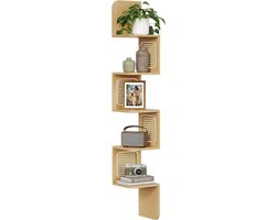 VASAGLE Hoekplank, Wandplank 5 Niveaus Zwevende Plank Wandgemonteerde Plank Zigzagvorm PVC Rotan Zijpanelen Ruimtebesparend voor Keuken Slaapkamer Woonkamer Boho Stijl Eiken Beige LLS582Y57
