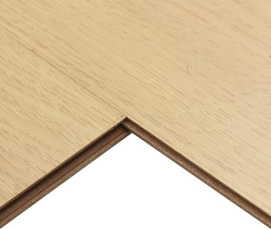Detail van de verbinding van twee lichtbruine laminaatplanken.
