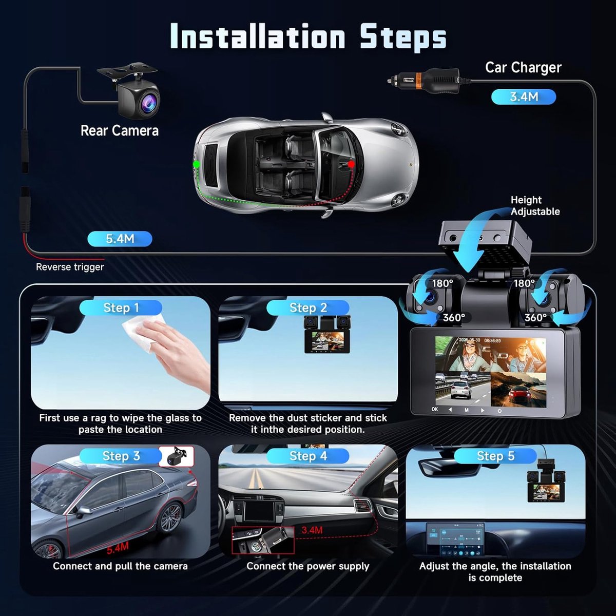 Auto Camera Systeem - Dashcam Set - Veilige Rit - 360 Graden Bescherming - 2K + 1080P Resolutie - Zwart – foto 4