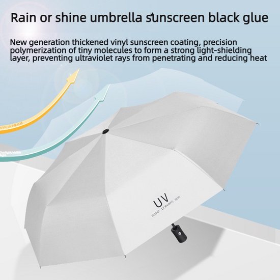 Witte paraplu met opdruk 'UV super prevent sun'. Beschermt tegen zon en regen.