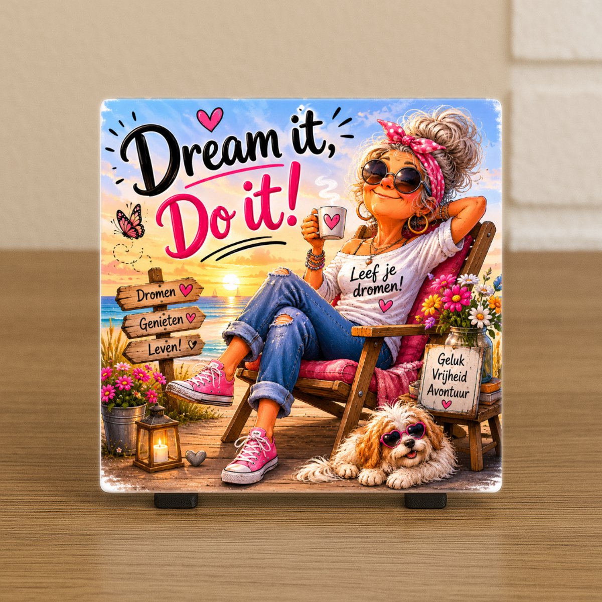 CreaCraft Robuuste Wenstegeltje - Schatje Patatje – Schattige en Humoristische Decoratietegel met Tekst – Leuk Cadeau voor Partner of Vriend(in) - Trendy nu - 10x10 Beige/Wit