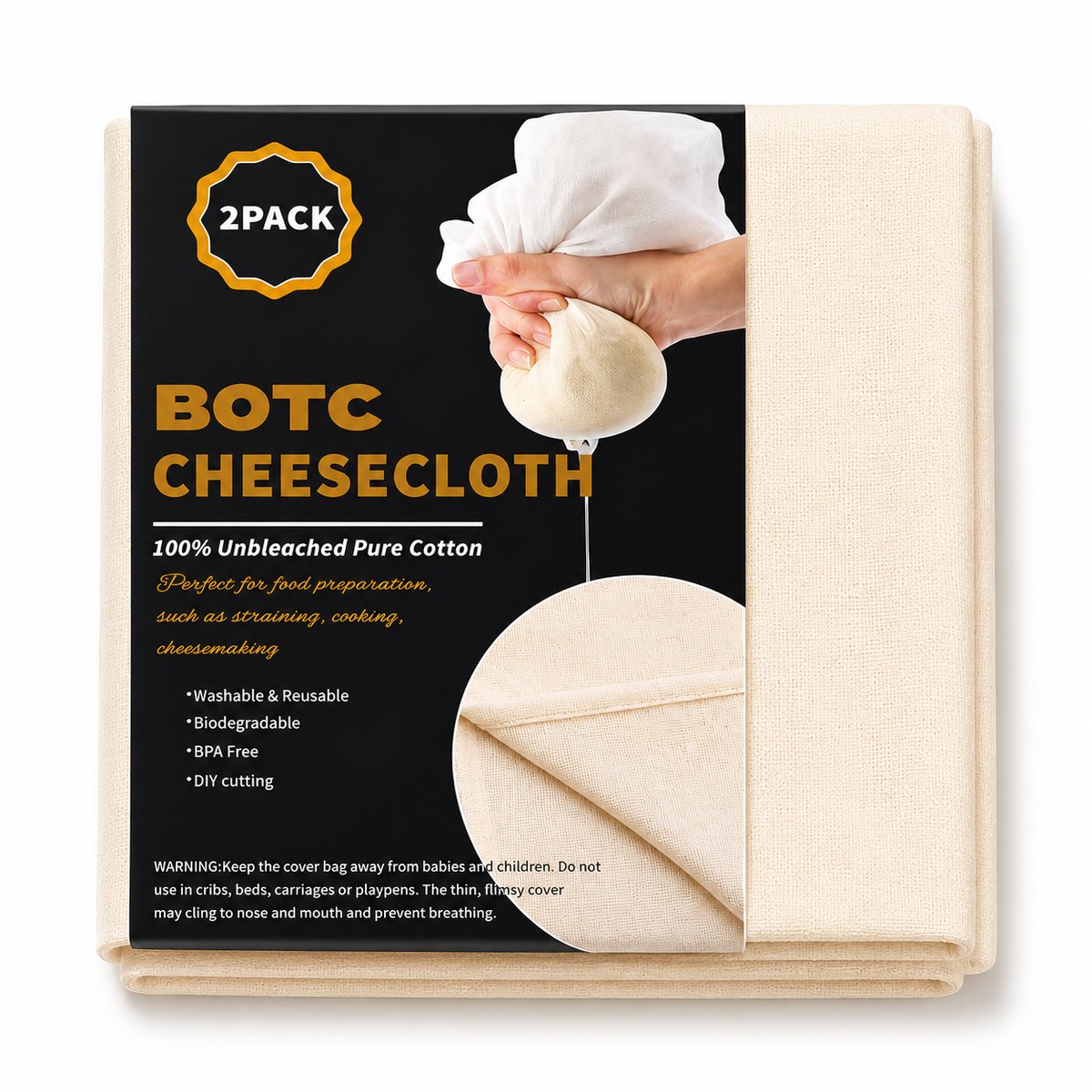 BOTC Kaasdoek - doekjes - Passeerdoek - 90 x 90 cm - 2 Stuks -zachte Neteldoek - passeerdoek – Ongebleekt - micromousseline