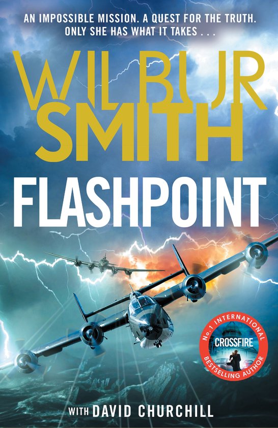 Couverture du livre "Flashpoint" par Wilbur Smith et David Churchill, avec un avion devant un ciel orageux et éclairé par la foudre.