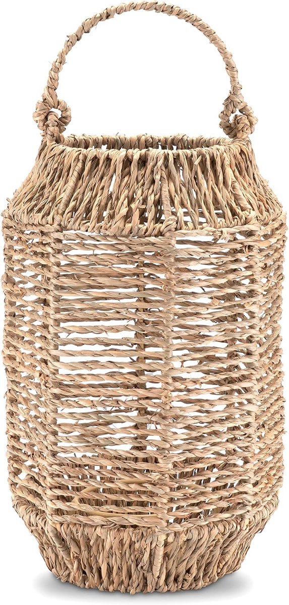 Windlicht van zeegras - Rotan lantaarn mand - Gezellige sfeer creëren - Duurzaam hernieuwbaar materiaal - 20x28 cm - Natuurlijk rotan