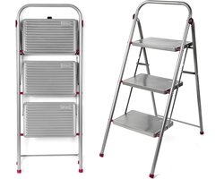 Kleeneze KL068514EU 3-Step Folding DIY Stepladder, Non-Slip Feet, Collapsible for Compact Storage, Ergonomic & Lightweight Design, Strong Steel Structure, Safety Clip, 150kg Capacity, 105cm, Pink/Grey