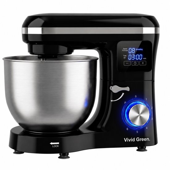 Vivid Green 2000W Keukenrobot - 6.2L - Display & Instelbare Timer - Mixer met Mengkom - Keukenmachine - Keukenmixer - Zwart